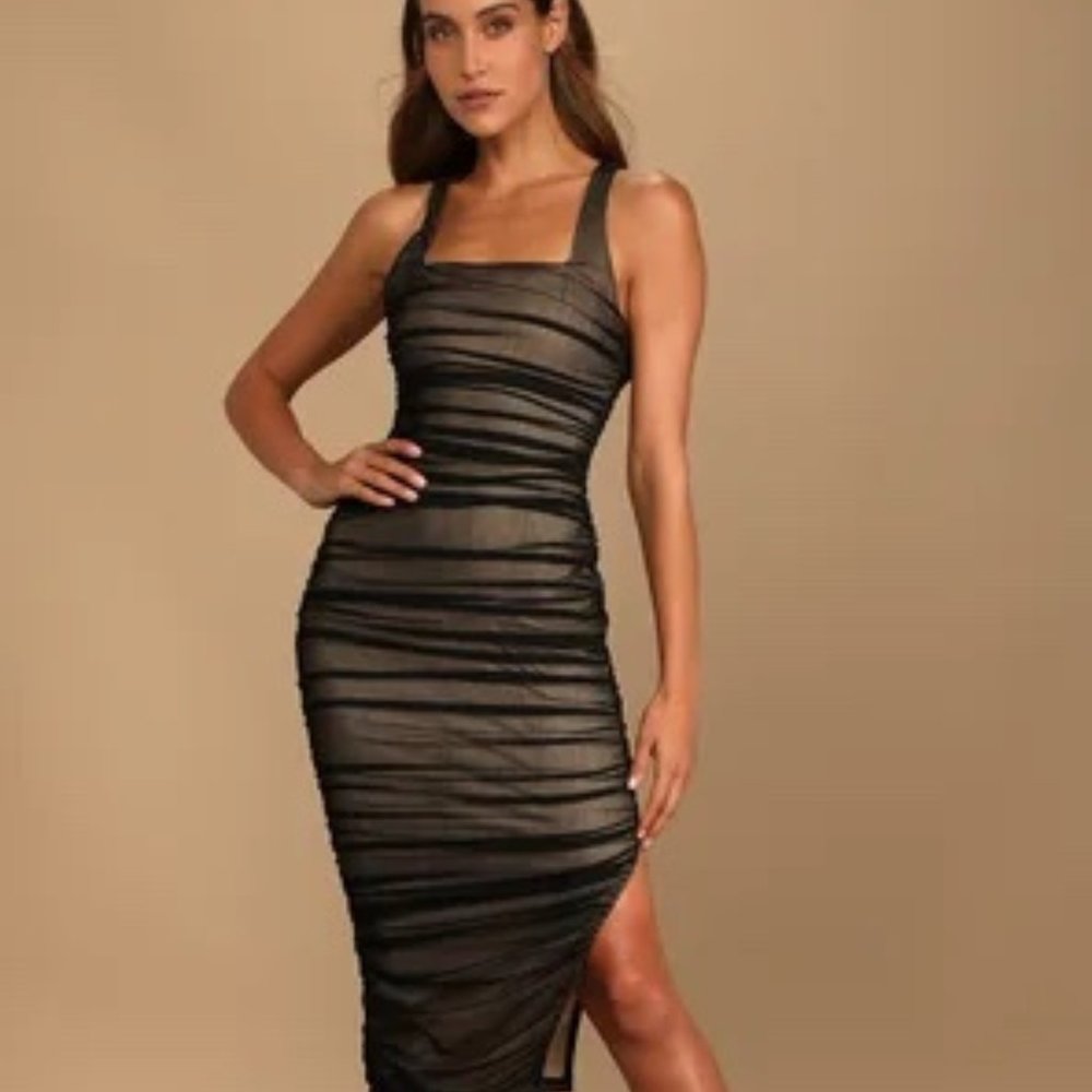 Black Mesh Ruched Bodycon Midi Dress - Lulus - Medium